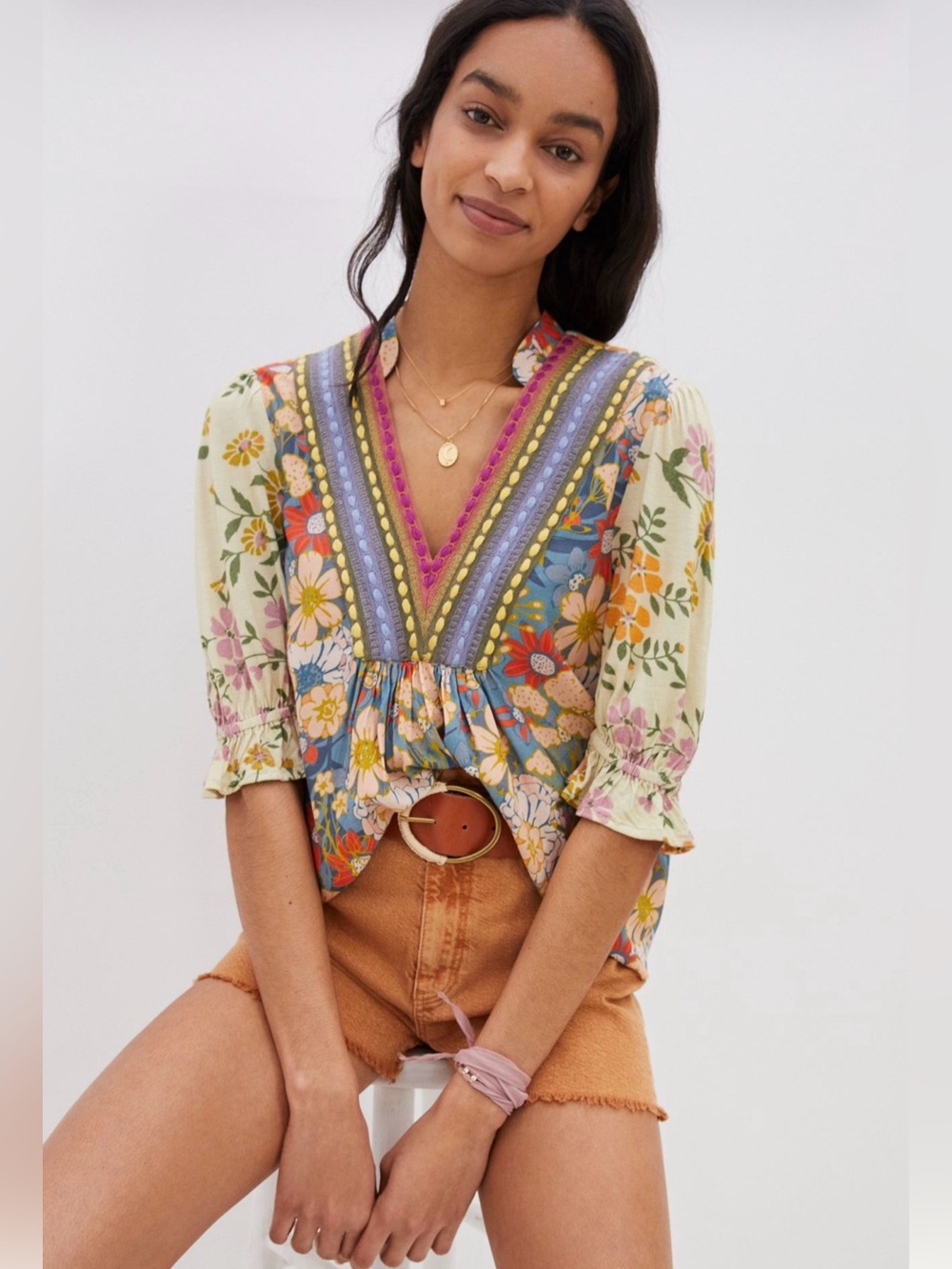 Bl^nk London Floral V-Neck Boho Peasant Top in Blue and Cream Anthropologie xs
